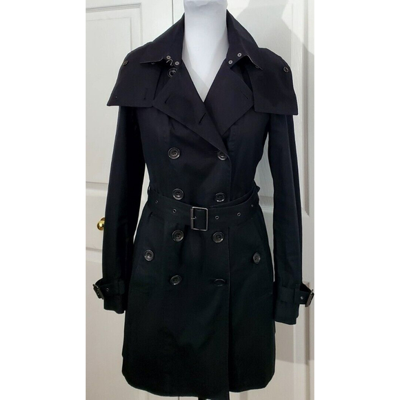 Burberry Brit Womens Black Trench Coat Quilted Lining Hooded Jacket Sz 4 EUC